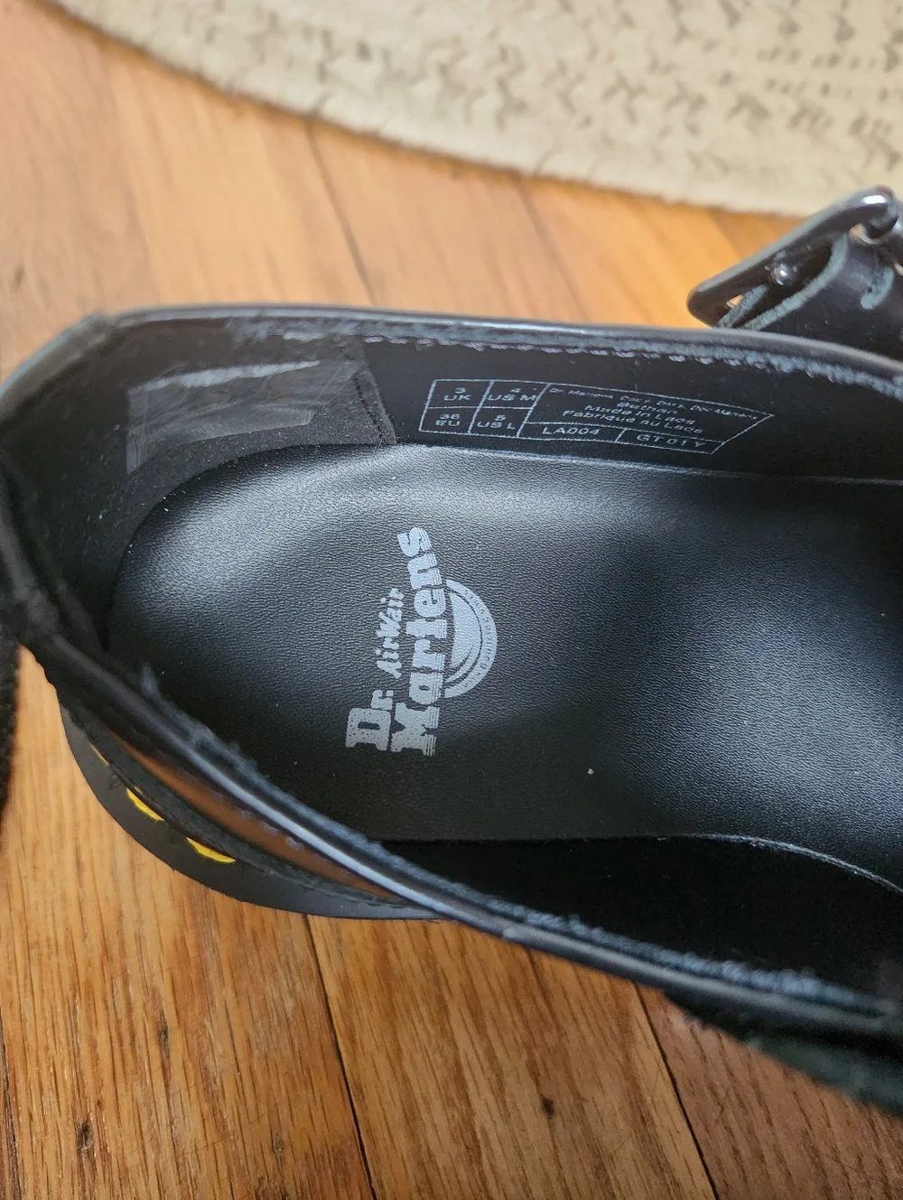 Dr. Martens Bethan Black Mary Jane Shoes with Yellow Stitch Accent